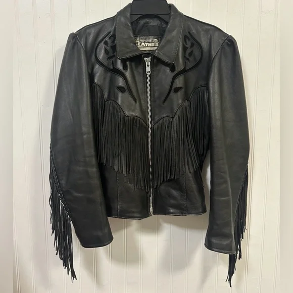 VTG Women’s Pro-Sports Leather Moto Jacket Fringe Conchos Roses Cinched Waist - Picture 14 of 15